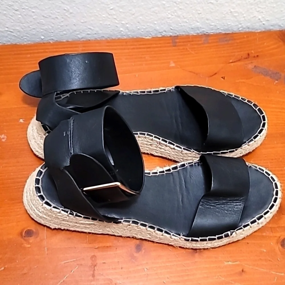 Zara Woman Black Leather Ankle Strap Espadrille‎ Sandals Size 38 Platform Jute